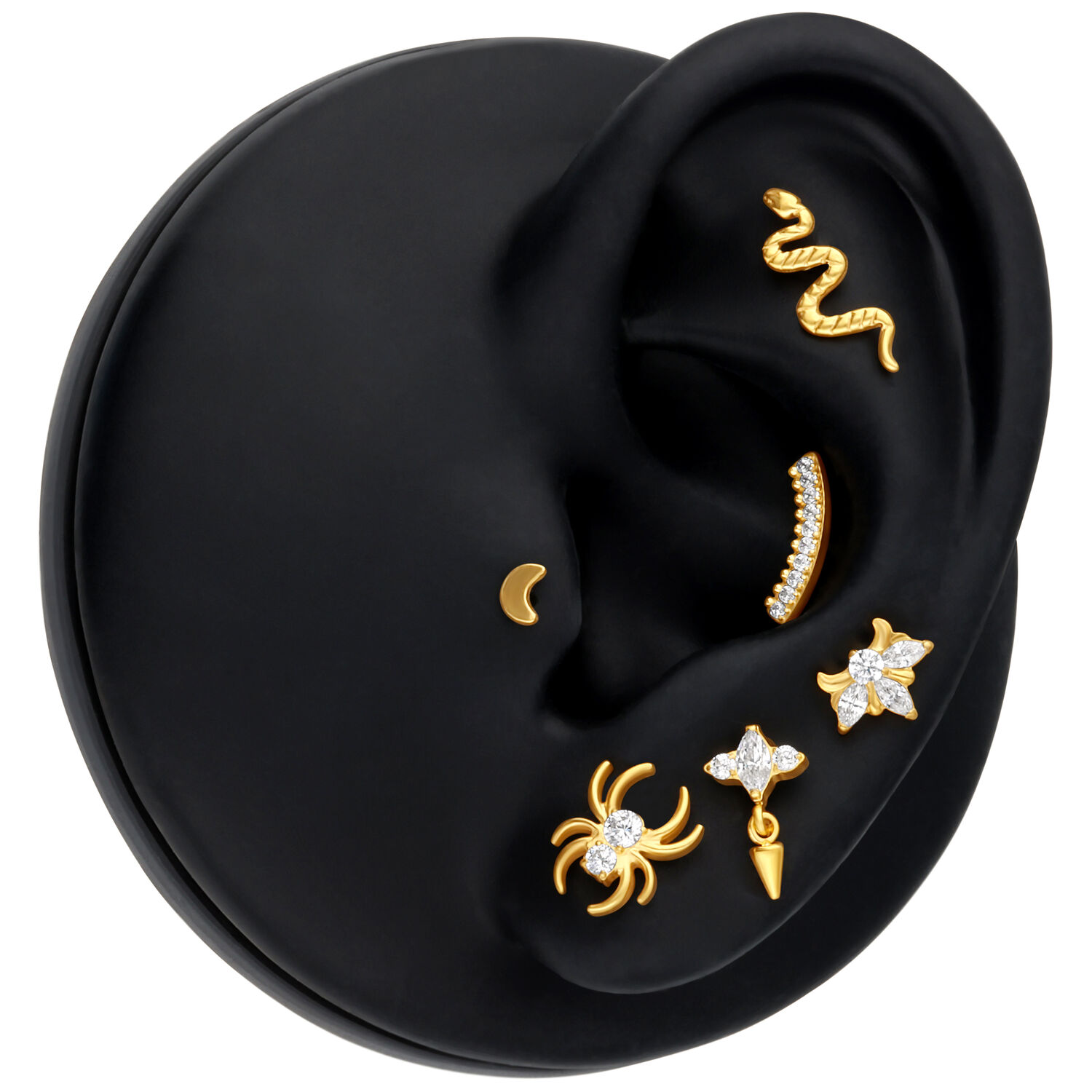 Embout Serpent Push Fit Doré pour Piercings Embout serpent doré en titane sur un modèle d'oreille noir