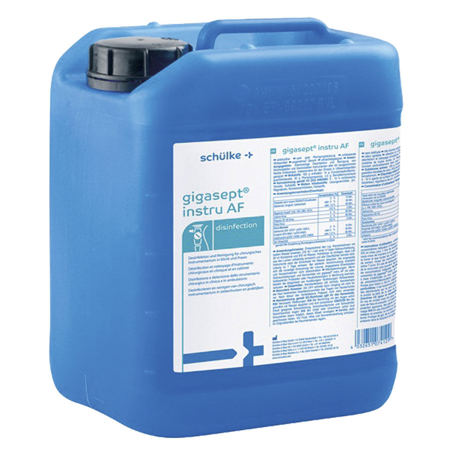 Bidon bleu de 5 litres avec désinfectant de surface instru AF sur fond blanc