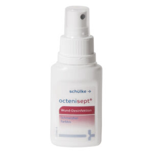 Bouteille blanche octenisept avec tête de pulvérisation sur fond blanc
