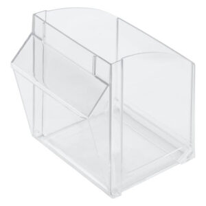 Présentoir Stala transparent en plastique avec bords arrondis sur fond blanc