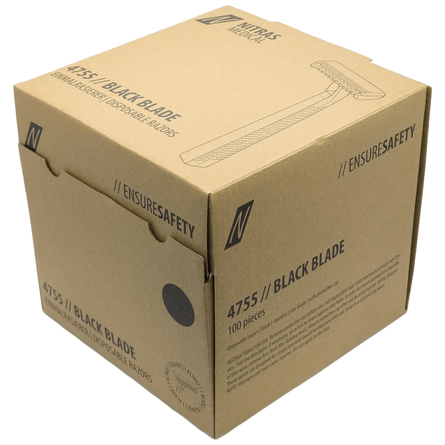 Rasoirs jetables Nitras en emballage noir Boîte en carton avec 100 rasoirs jetables noirs de Nitras