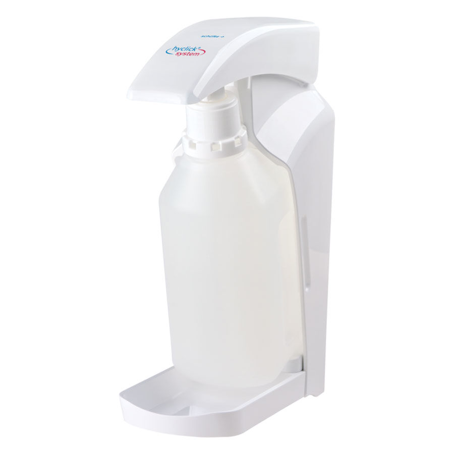 Hyclick distributeur de préparation Vario en blanc Distributeur Hyclick Vario blanc avec bouteille transparente sur fond blanc
