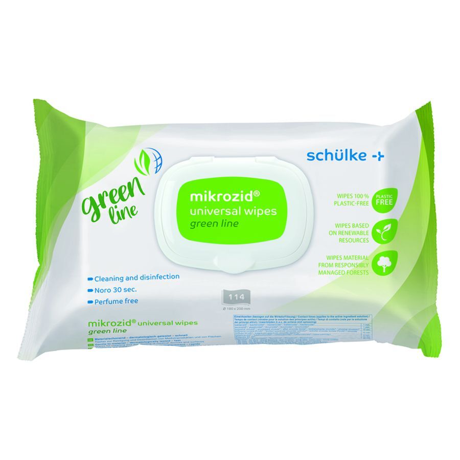 Lingettes Mikrozid Green Line 80 pièces Paquet de lingettes universelles Mikrozid Green Line sur fond blanc