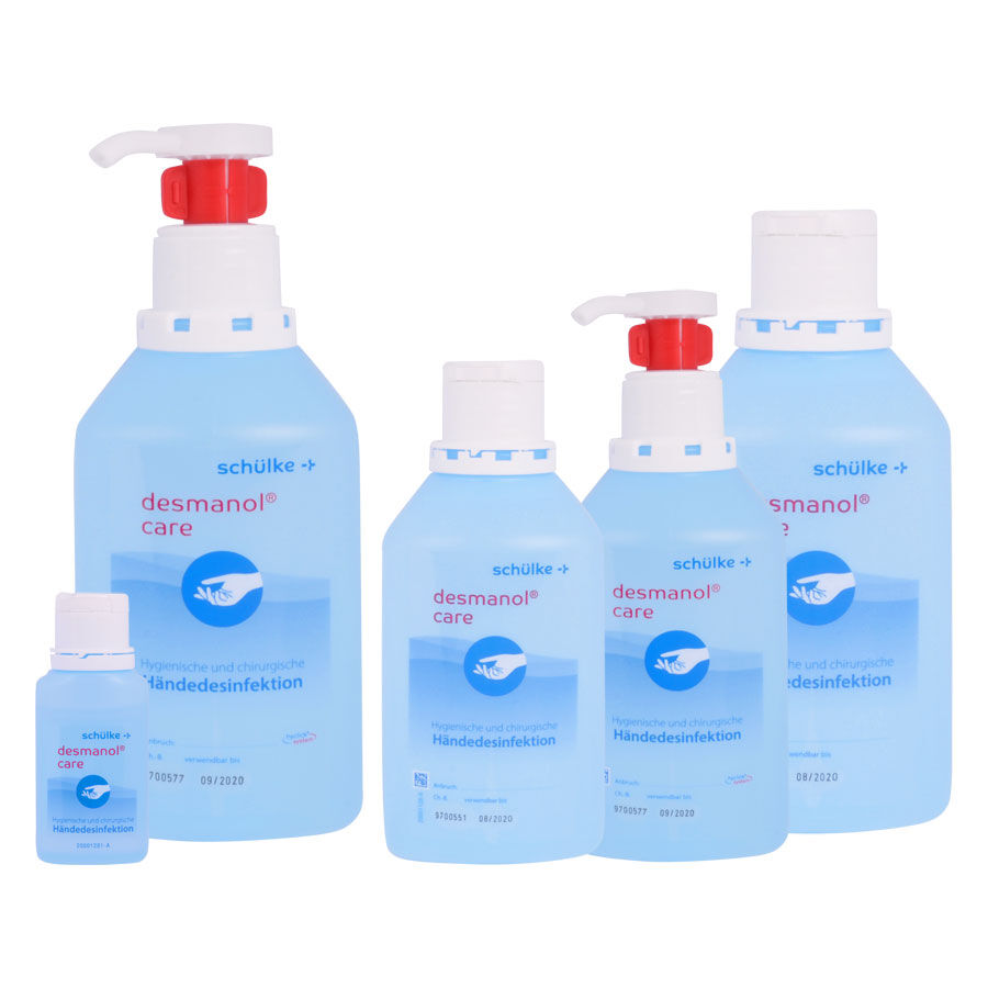 Wildcat désinfectant pour les mains Hyclick 500 ml Cinq bouteilles bleues de désinfectant pour les mains Schülke Care sur fond blanc