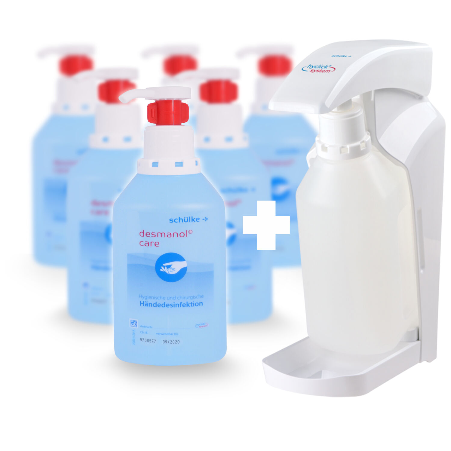 Set de désinfection des mains Care + distributeur Hyclick Désinfectant pour les mains bleu et distributeur blanc sur fond blanc