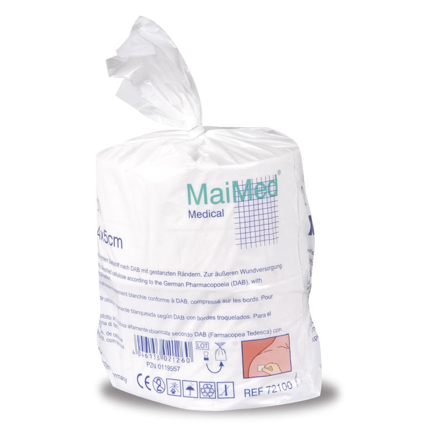 Tampons de cellulose non stériles 4 x 5 cm, MaiMed Paquet de tampons de cellulose non stériles 4 x 5 cm de MaiMed sur fond blanc