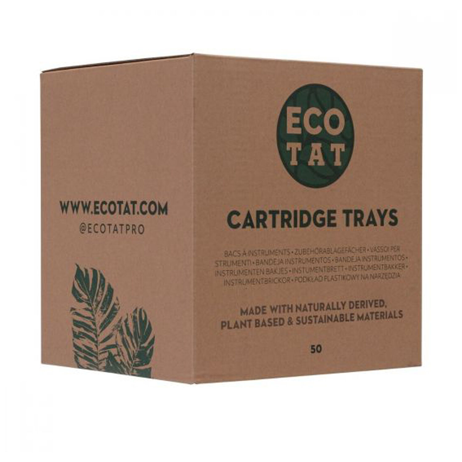 Boîte marron avec logo EcoTat vert et inscription 'Cartridge Holder 50 pcs'.