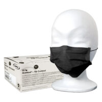 Masque facial noir MaiMed Comfort Masque facial jetable noir MaiMed sur tête de mannequin blanc avec emballage en arrière-plan