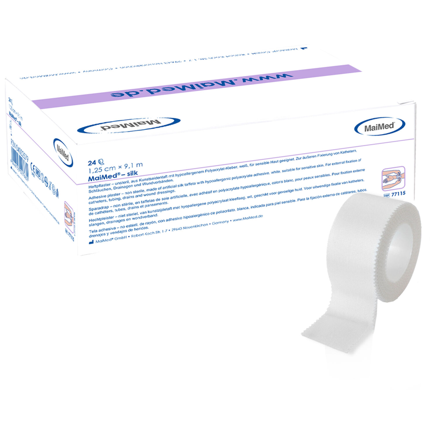 Rouleau de sparadrap en soie artificielle et emballage Rouleau de sparadrap en soie artificielle devant un emballage blanc avec des impressions bleues