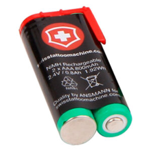 Batterie noire avec extrémités rouge et verte sur fond blanc