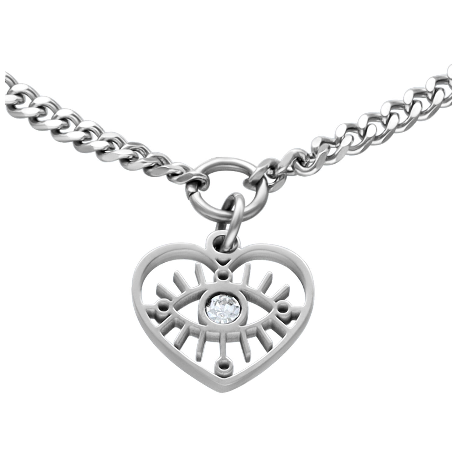 Bracelet fin avec motif cœur et œil Bracelet en argent avec pendentif cœur et cristal clair sur fond blanc