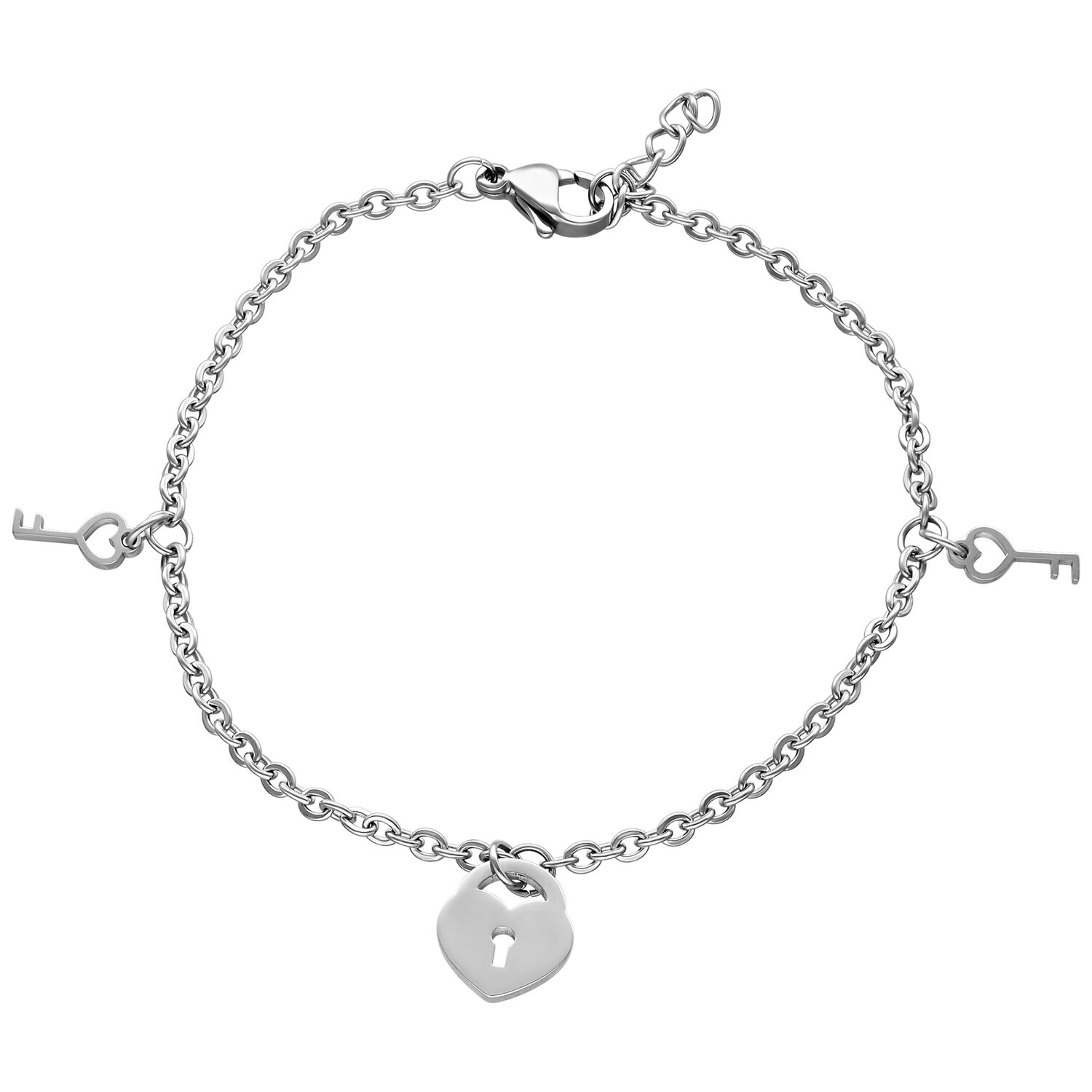 Bracelet argenté avec clé et cadenas Bracelet argenté avec petites clés et cadenas en forme de cœur sur fond blanc