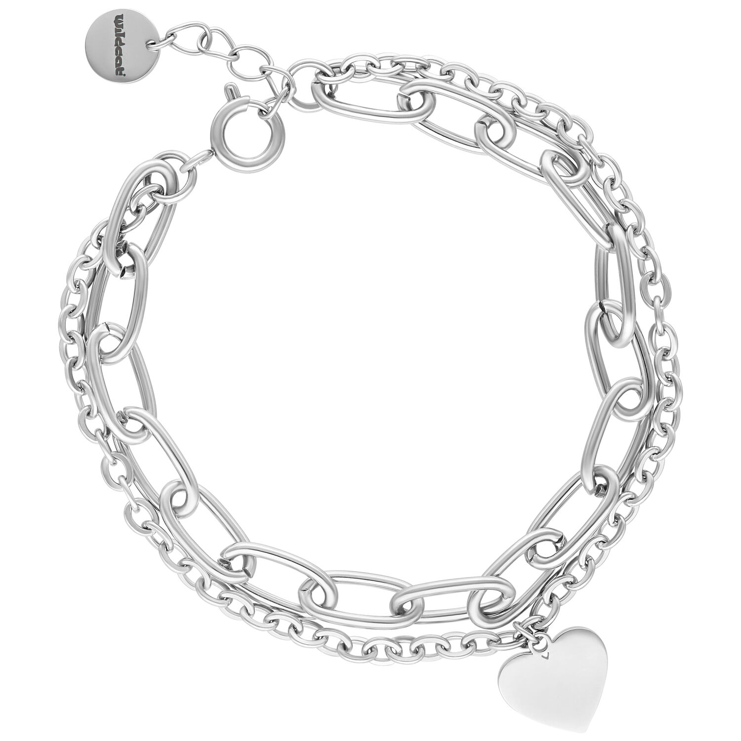 Bracelet cœur en métal argenté avec deux chaînes et pendentif cœur sur fond blanc