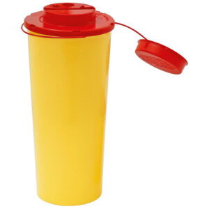 Boîte cylindrique jaune avec couvercle rouge amovible sur fond blanc