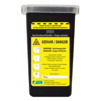 Récipient d'élimination 1L avec avertissement de sécurité Récipient d'élimination noir 1 litre avec étiquette d'avertissement jaune, sur fond blanc