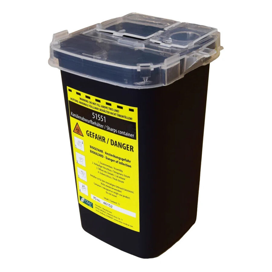 Conteneur noir de 1L Conteneur noir avec étiquette d'avertissement jaune et couvercle transparent