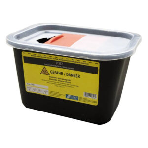 Conteneur noir de 2 litres avec étiquette d'avertissement jaune et couvercle gris