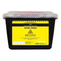 Conteneur noir 5 litres avec étiquette d'avertissement jaune Conteneur noir 5 litres avec étiquette d'avertissement Biohazard jaune sur fond blanc
