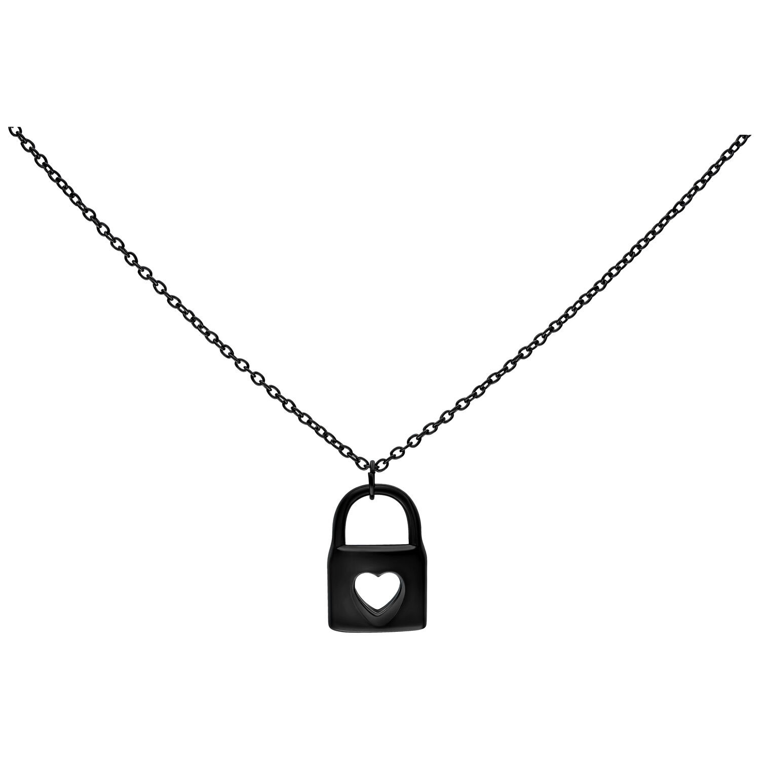 Chaîne Little Lock noire en acier chirurgical Chaîne noire avec pendentif en forme de cœur sur fond blanc