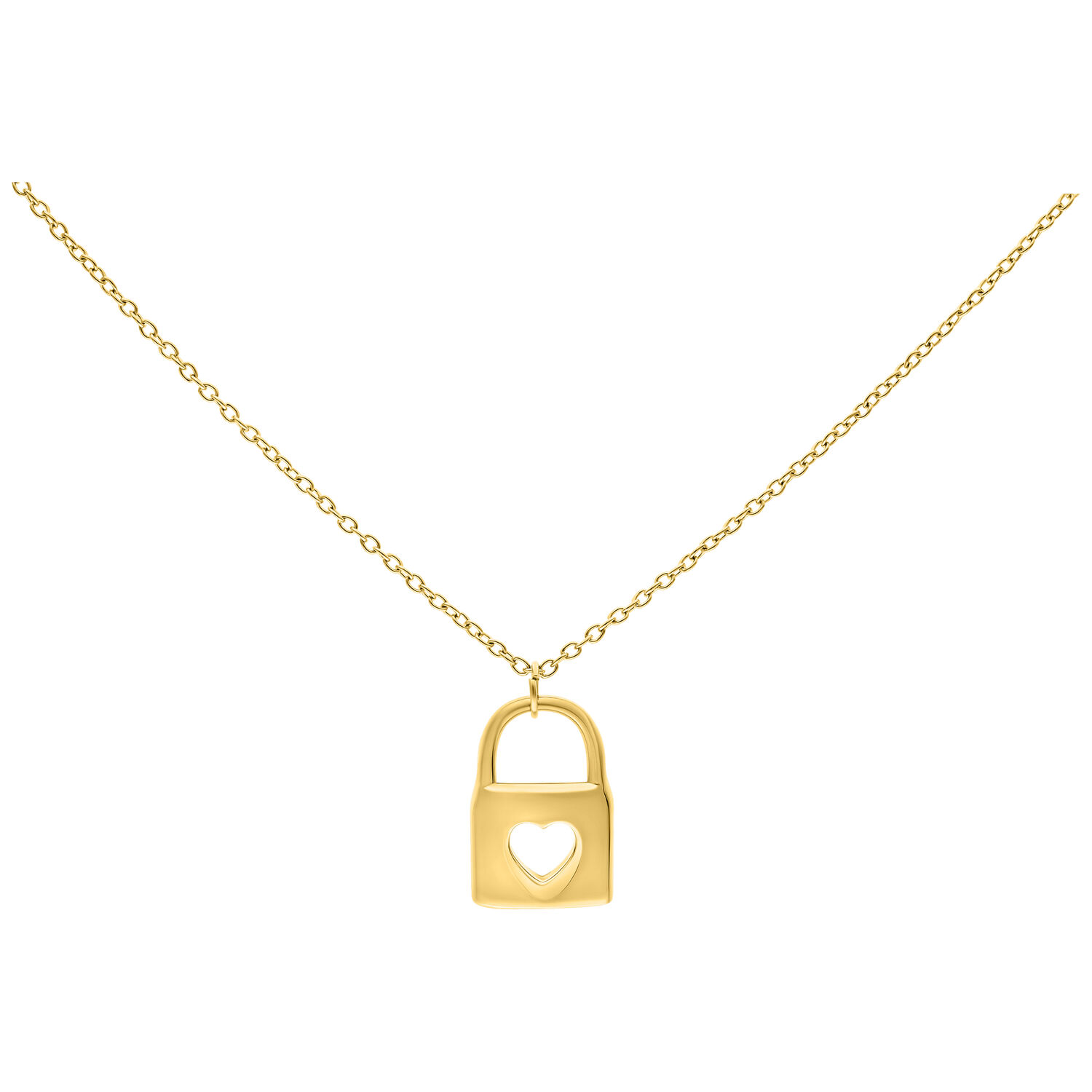 Chaîne dorée avec pendentif cadenas Chaîne dorée en acier chirurgical avec cadenas et design cœur sur fond blanc