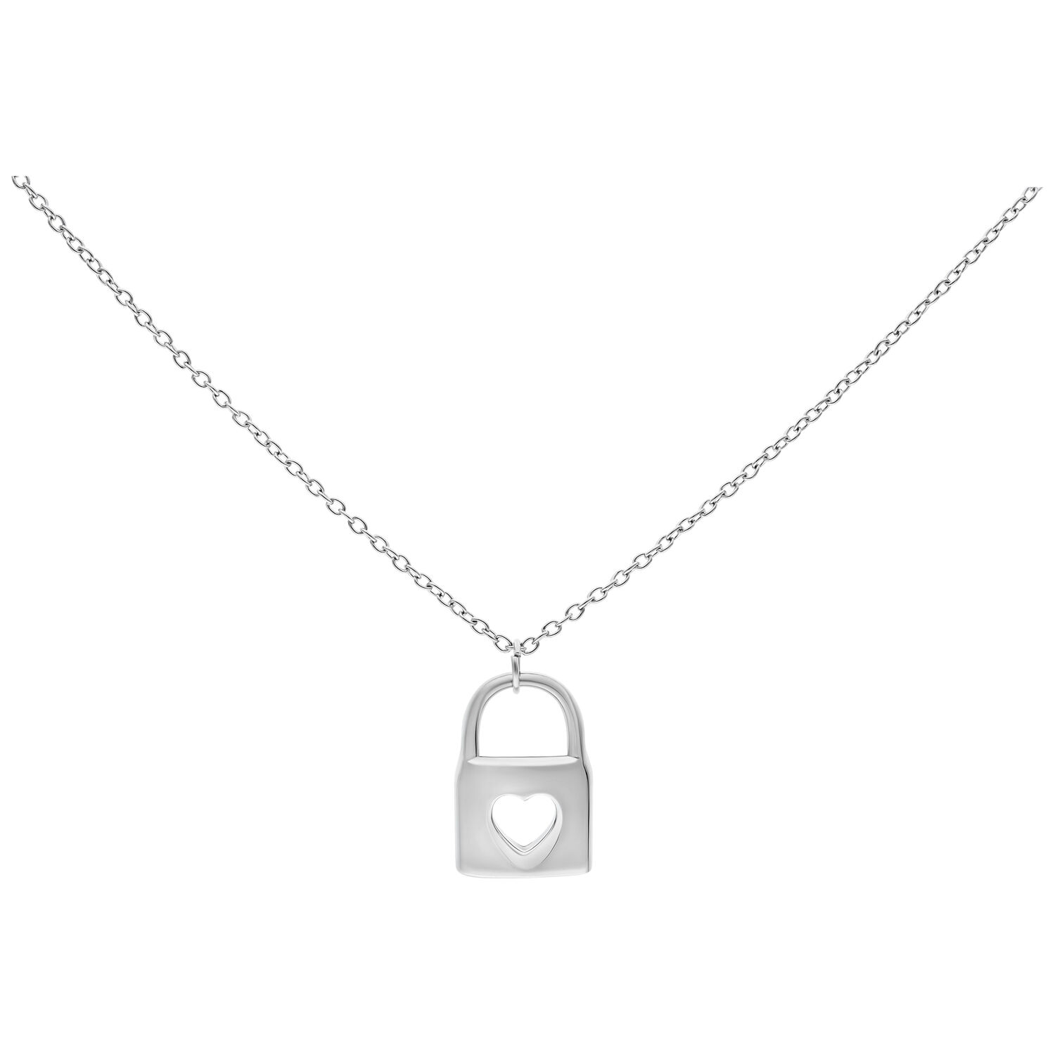 Chaîne Little Lock argentée, 50 cm Chaîne argentée avec pendentif en forme de cœur sur fond blanc