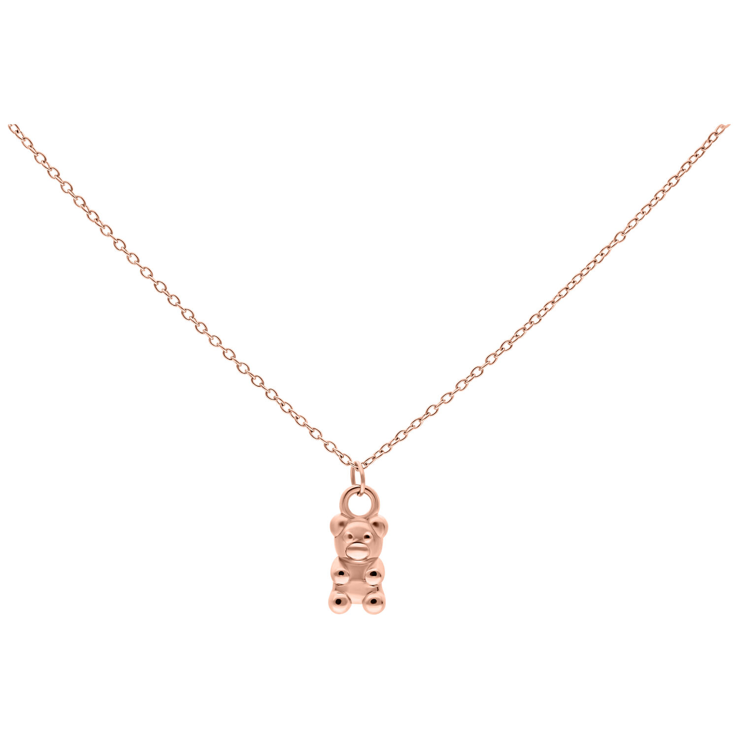Collier ourson en gomme rose doré Collier rose doré avec pendentif ourson en gomme sur fond blanc