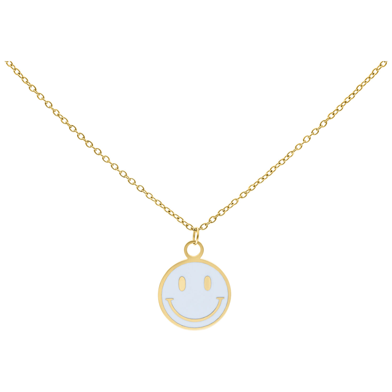 Chaîne Smiley Dorée - Variante Little White Chaîne dorée avec pendentif smiley blanc sur fond blanc