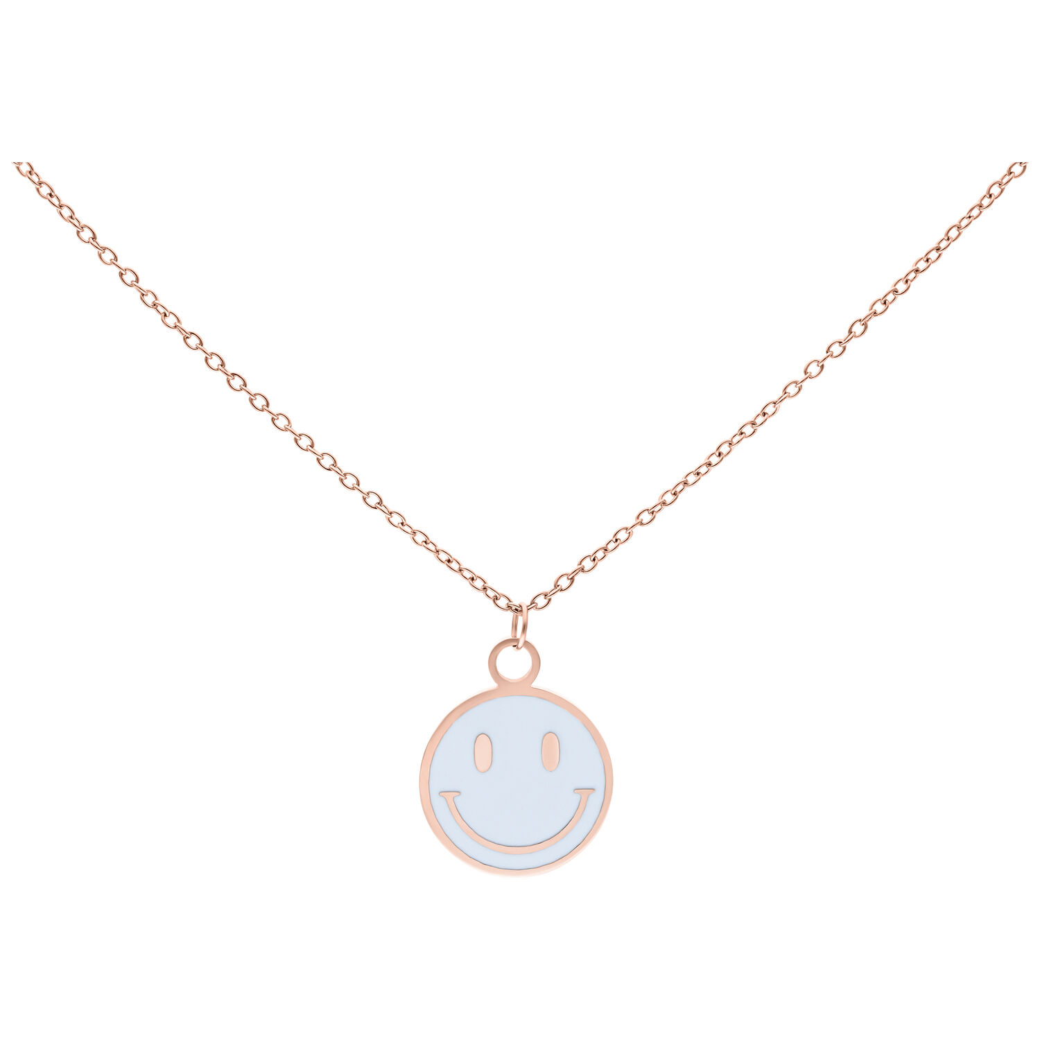 Collier Little White Smiley en or rose Collier en or rose avec pendentif Smiley souriant sur fond blanc