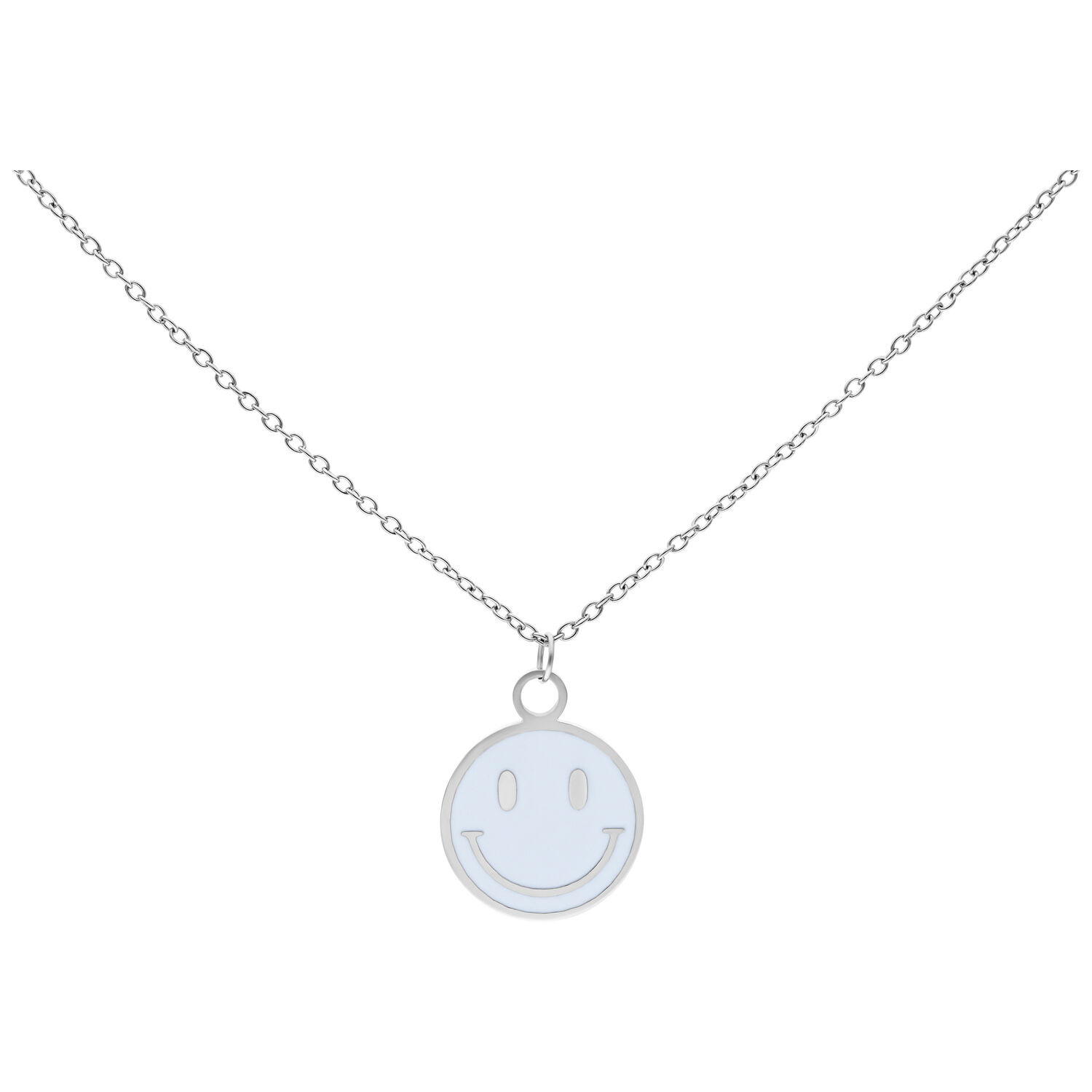 Chaîne Smiley en acier chirurgical argentée Chaîne argentée avec pendentif Smiley sur fond blanc