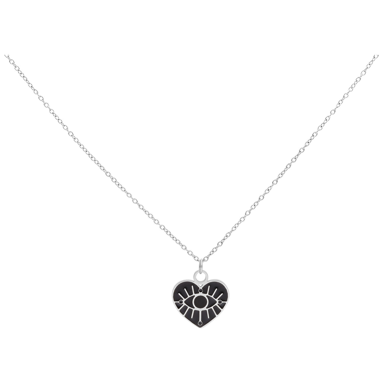Collier Little Soulmate argenté avec pendentif cœur Collier argenté avec pendentif cœur et œil noir sur fond blanc