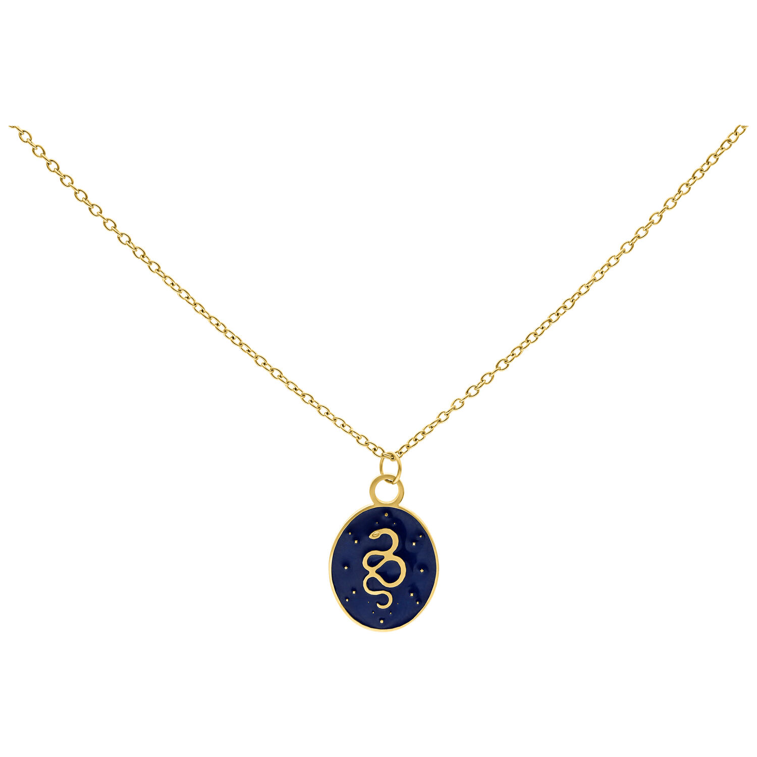 Chaîne Mystic Snake dorée avec pendentif bleu Chaîne dorée avec pendentif ovale bleu et motif de serpent sur fond blanc
