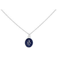 Chaîne argentée avec pendentif serpent mystique Chaîne argentée avec pendentif ovale et motif de serpent sur fond bleu foncé