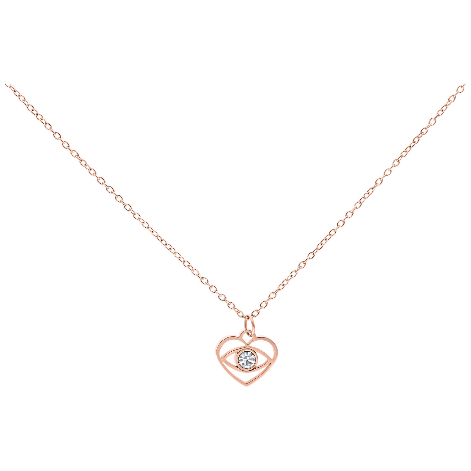 Collier Little Dangling Eye Or Rose 50cm Collier en or rose avec petit pendentif œil et cristal clair sur fond blanc