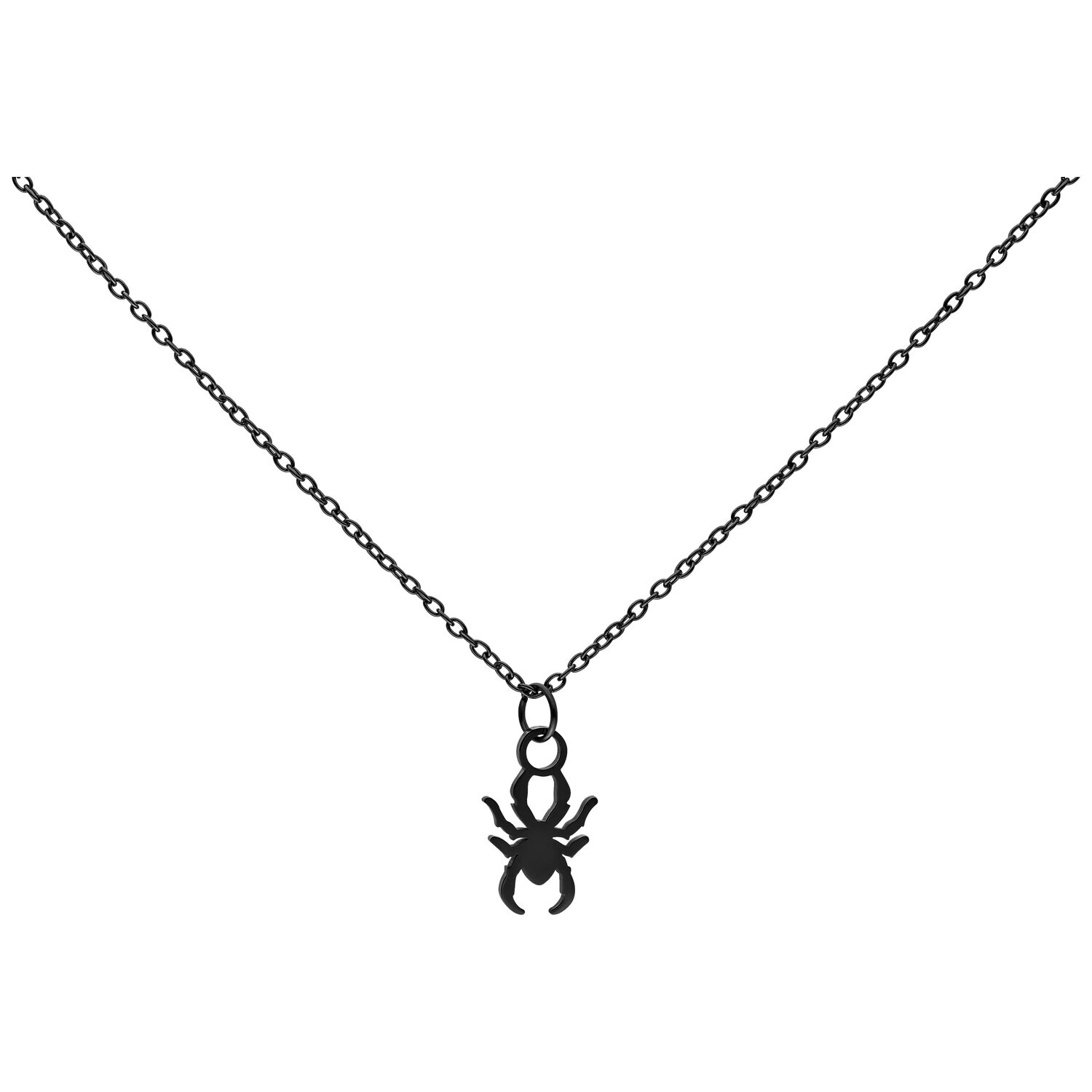 Chaîne Little Spider noire en acier chirurgical Chaîne noire avec pendentif araignée en acier chirurgical sur fond blanc