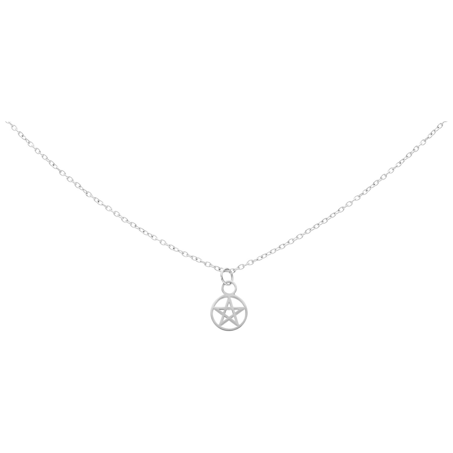 Chaîne Pentagramme Argentée 50 cm Chaîne argentée avec pendentif pentagramme sur fond blanc