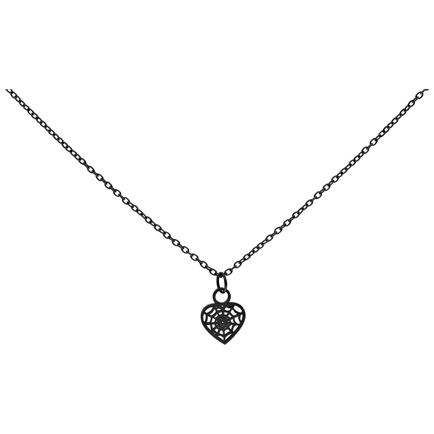 Collier Little Heartweb noir en acier chirurgical Collier noir en acier chirurgical avec pendentif en forme de cœur sur fond blanc