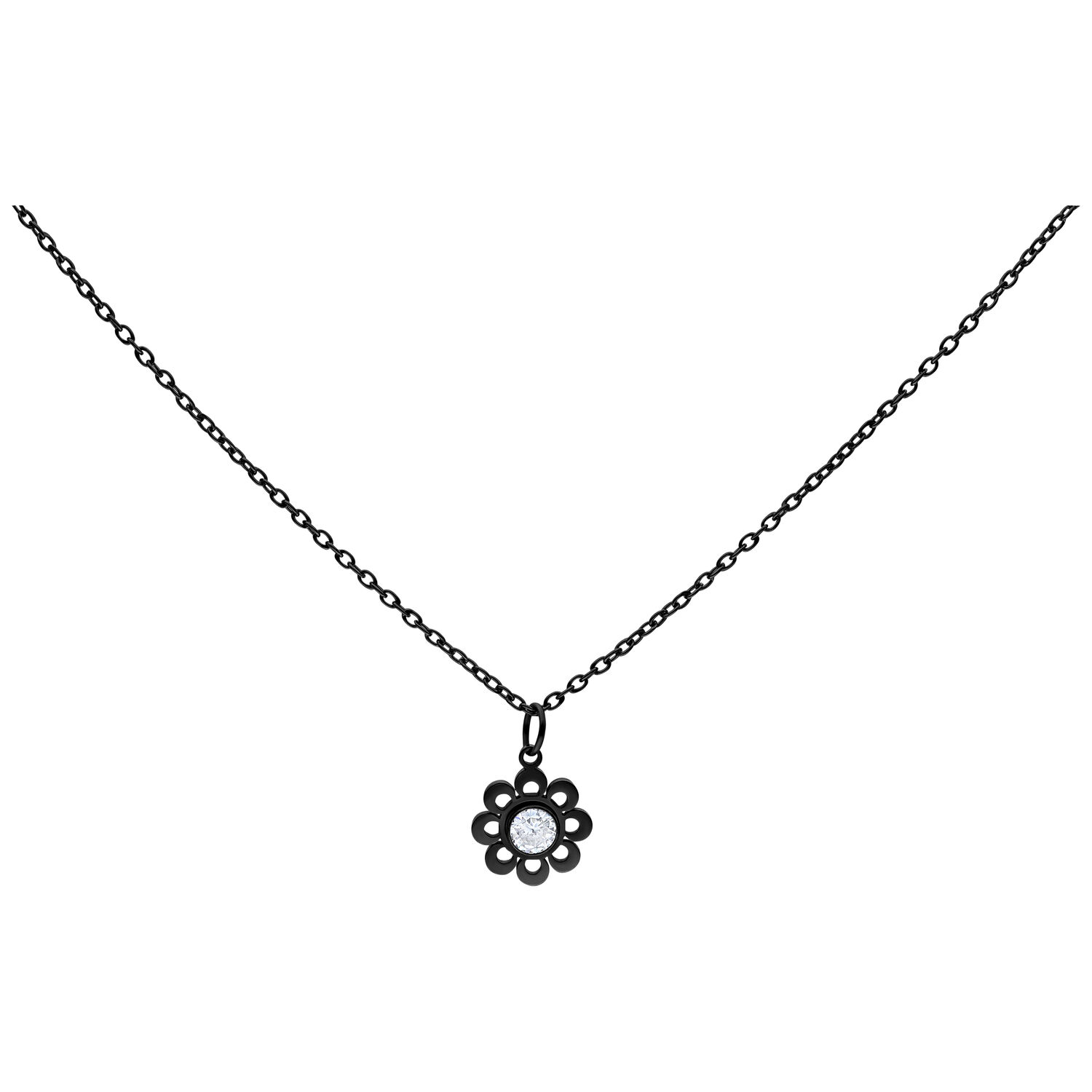 Collier Fleur de Cristal Noir avec Cristal Collier noir en acier chirurgical avec pendentif fleur et cristal clair sur fond blanc