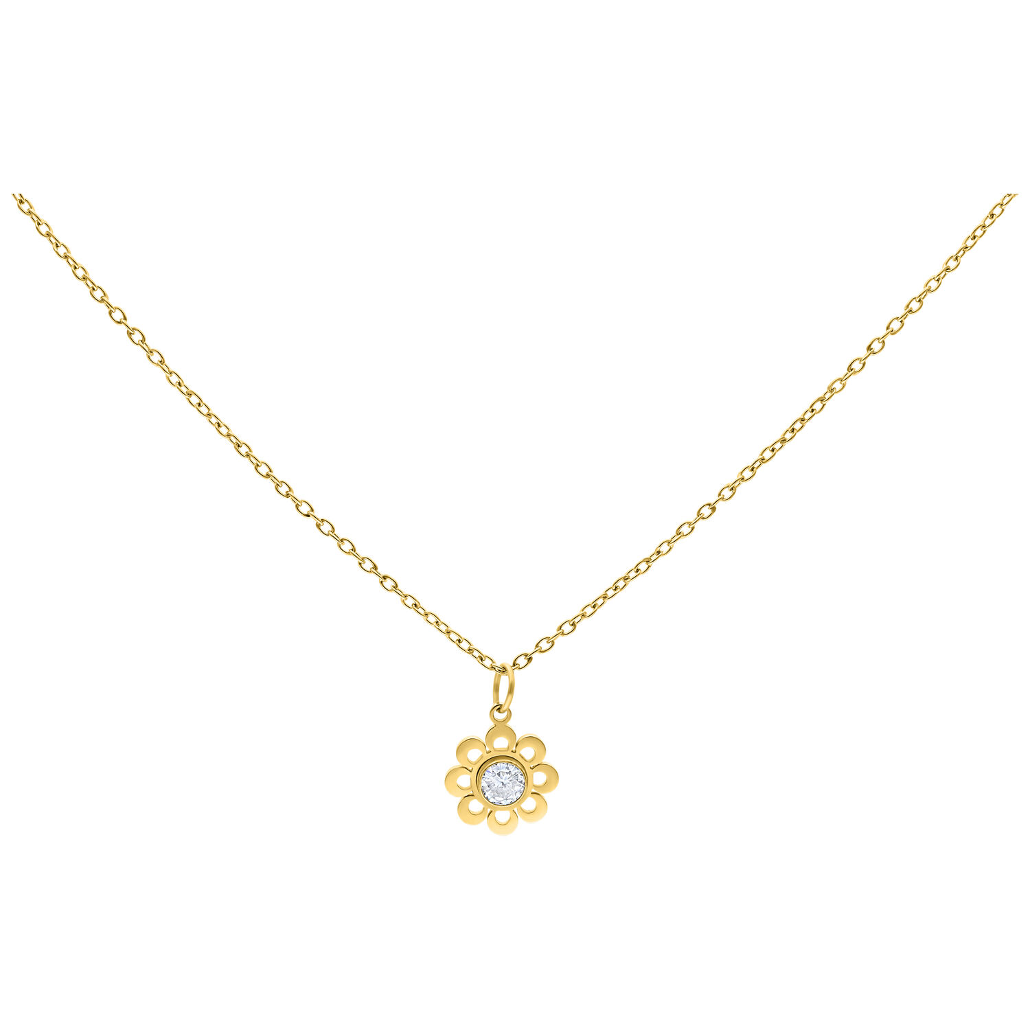 Collier Crystal Flower en or, 50 cm Collier en or avec pendentif en cristal en forme de fleur sur fond blanc