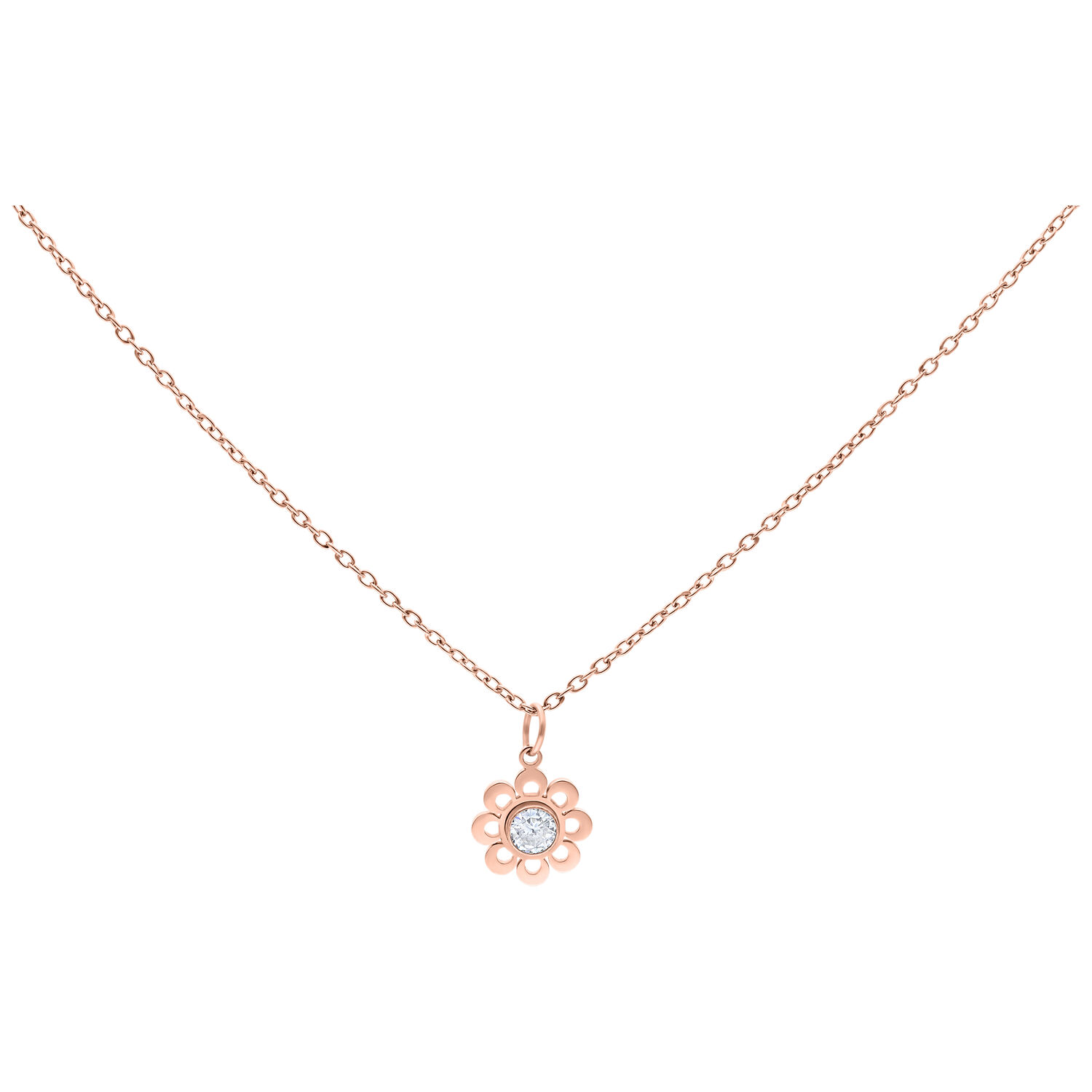 Collier Fleur en Cristal Rosé de Wildcat Collier en or rose avec pendentif fleur et cristal clair sur fond blanc