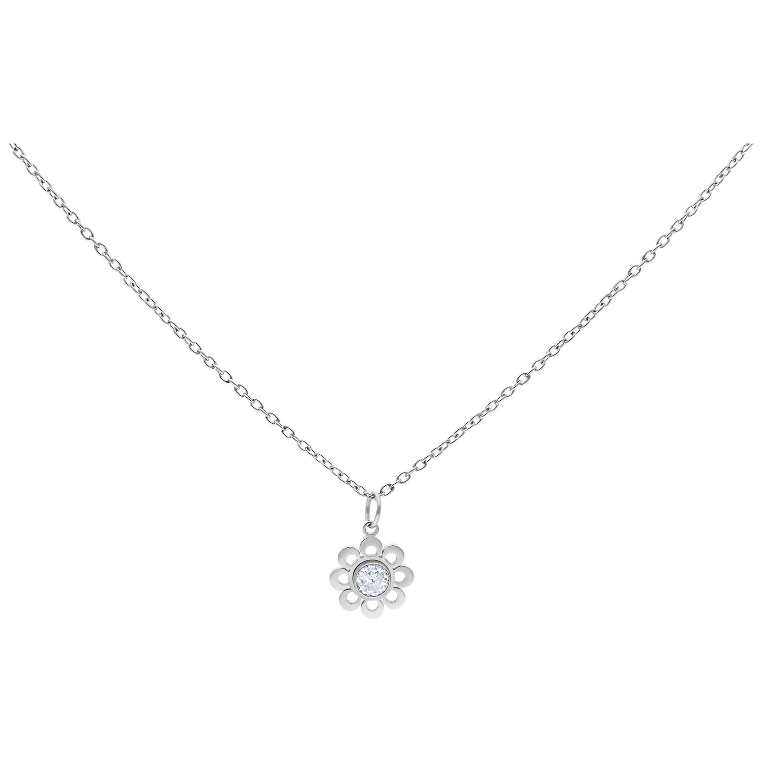 Collier Crystal Flower en acier chirurgical Collier argenté avec pendentif fleur en cristal sur fond blanc