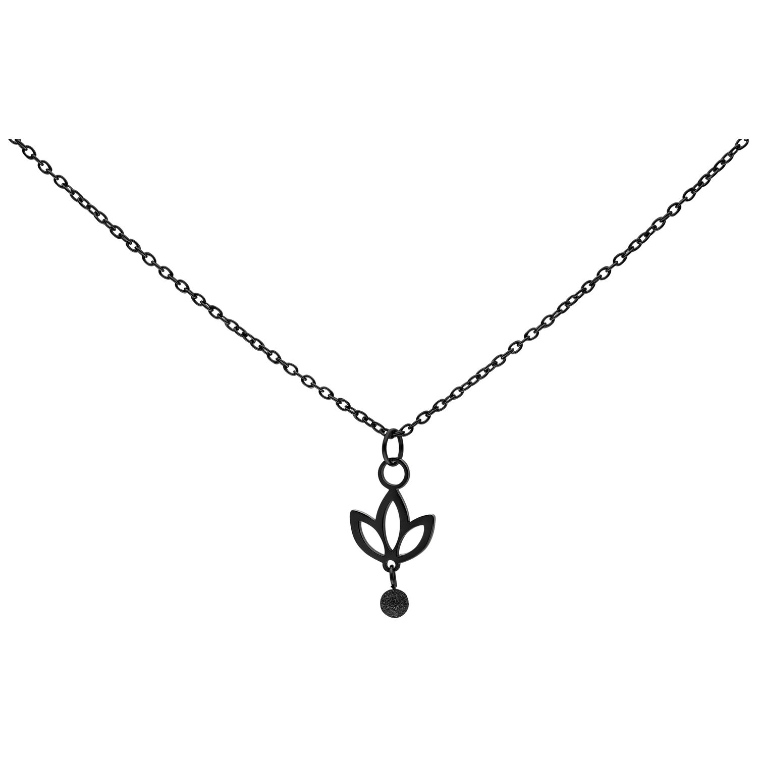 Dangling Lily collier en métal noir Collier noir avec pendentif en forme de lys suspendu sur fond blanc