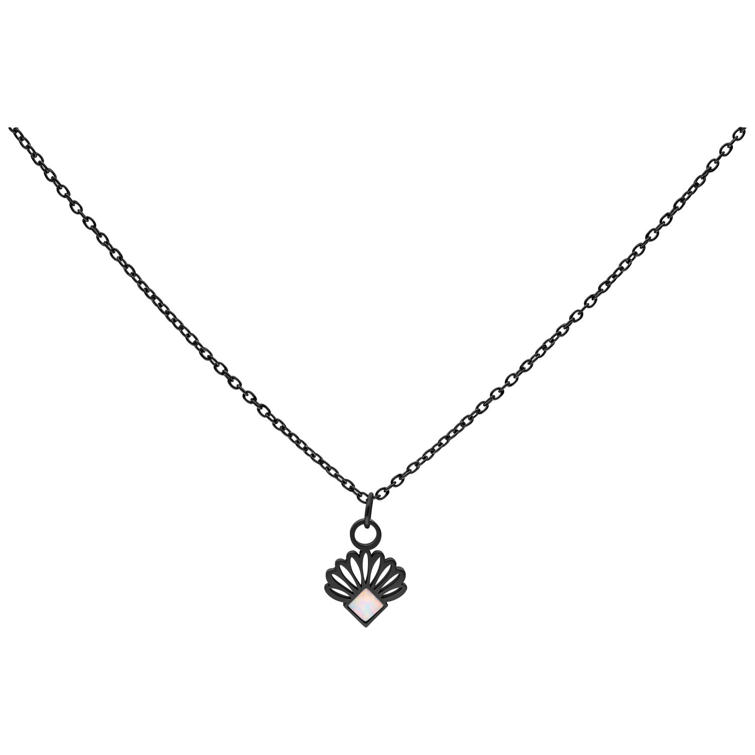 Opal Fan Collier mit schwarzem Metall Opal Fan Collier aus schwarzem Chirurgenstahl auf weißem Hintergrund