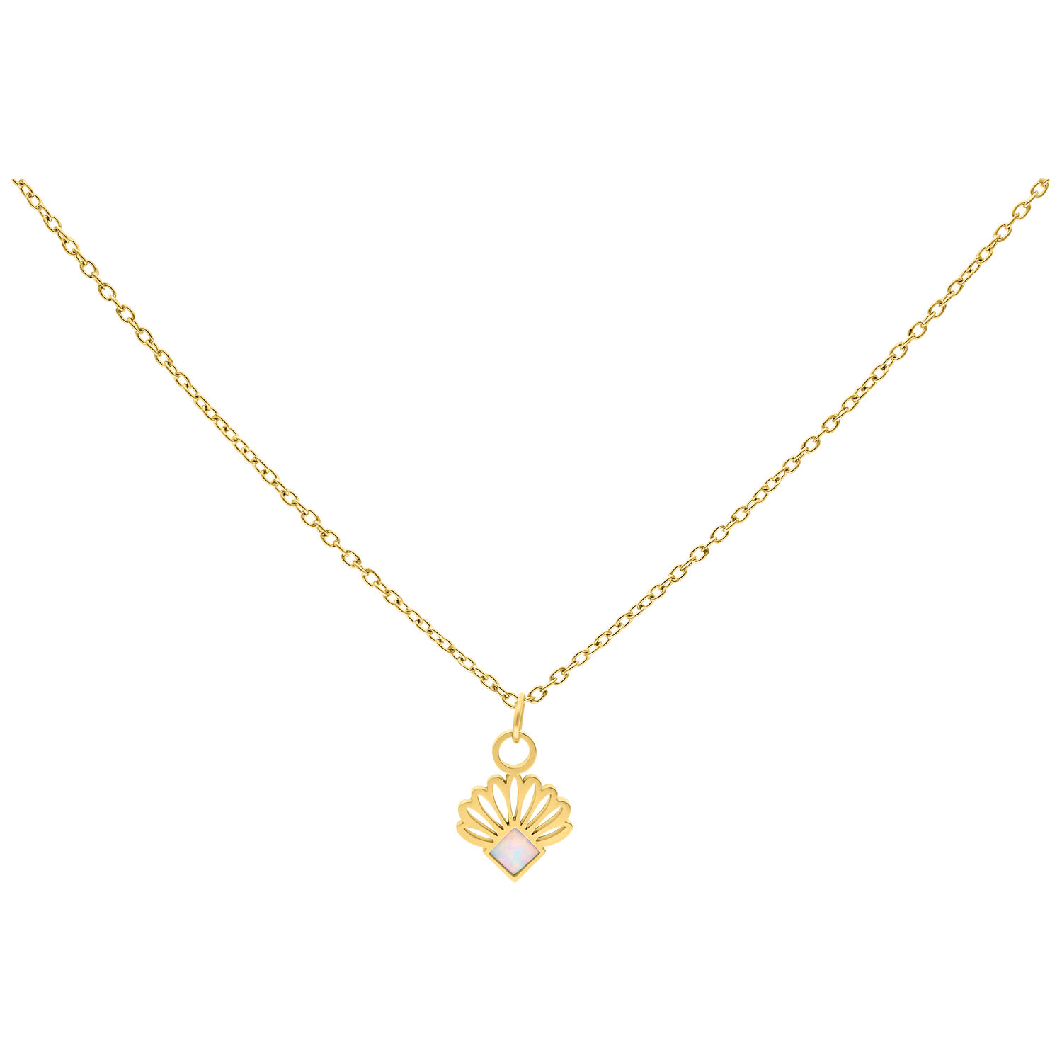 Collier Ventilateur en Opale Dorée en Acier Chirurgical Collier doré avec pendentif opale sur fond blanc