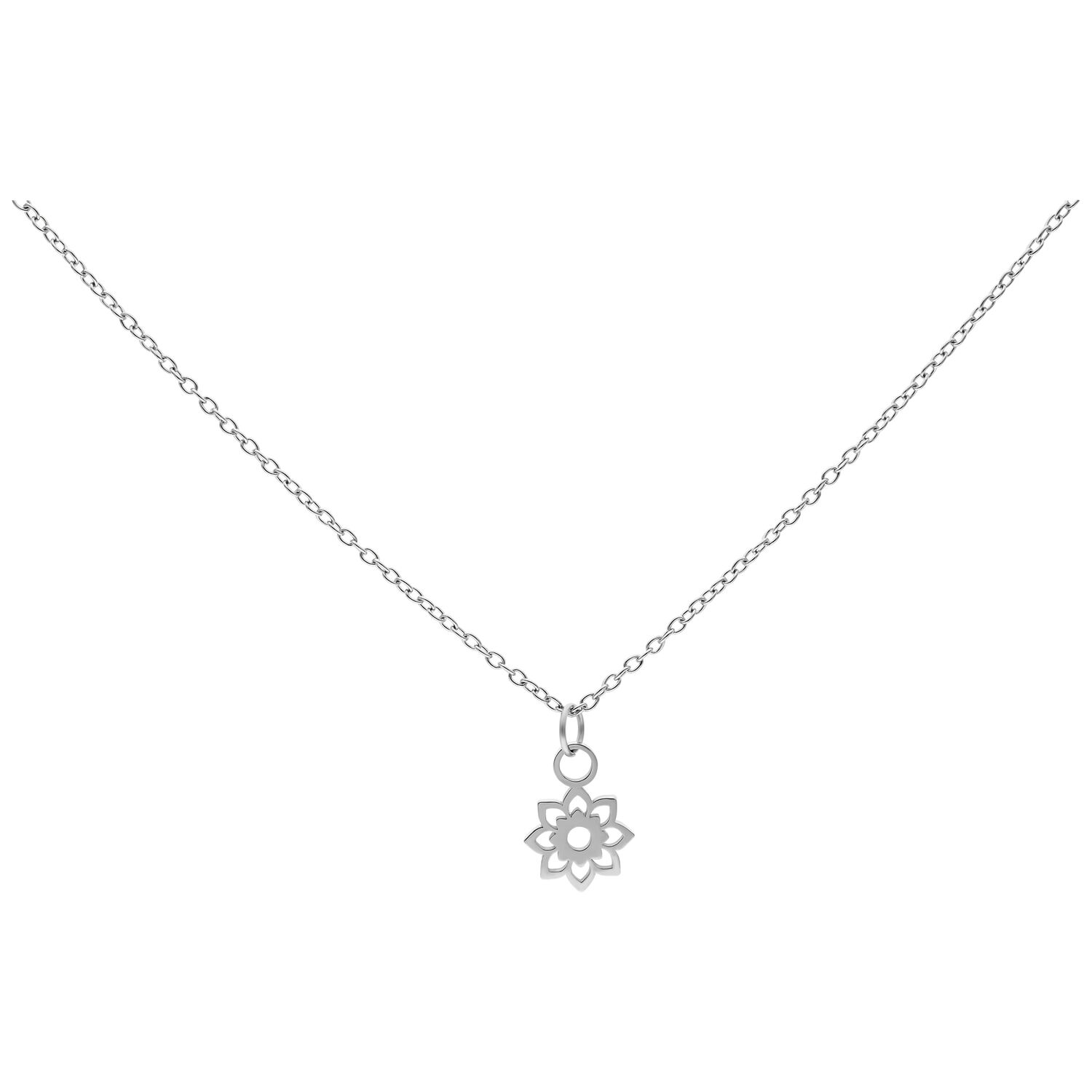 Little Sunflower chaîne en acier chirurgical Chaîne argentée avec petit pendentif tournesol sur fond blanc