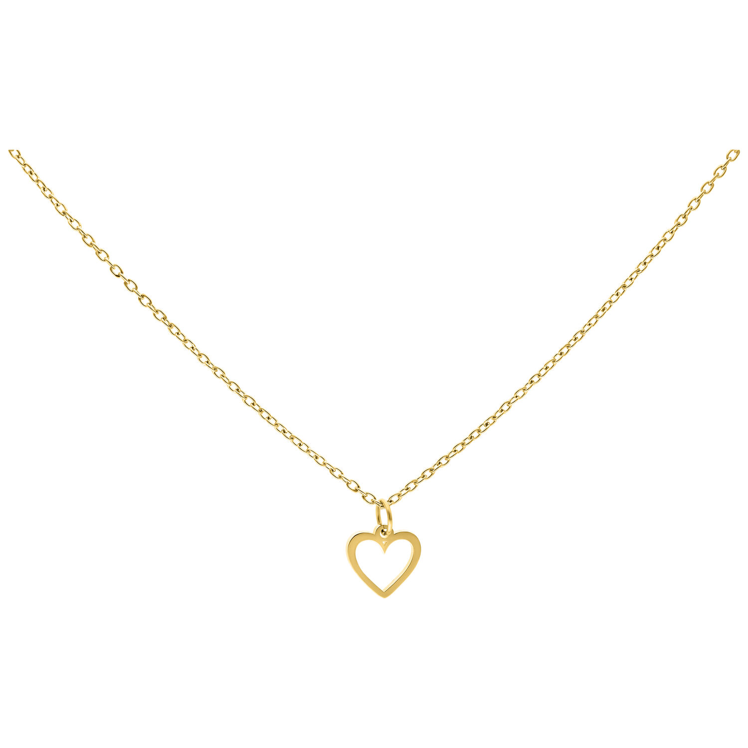 Collier cœur doré en acier chirurgical Fine chaîne dorée avec pendentif en forme de cœur sur fond blanc