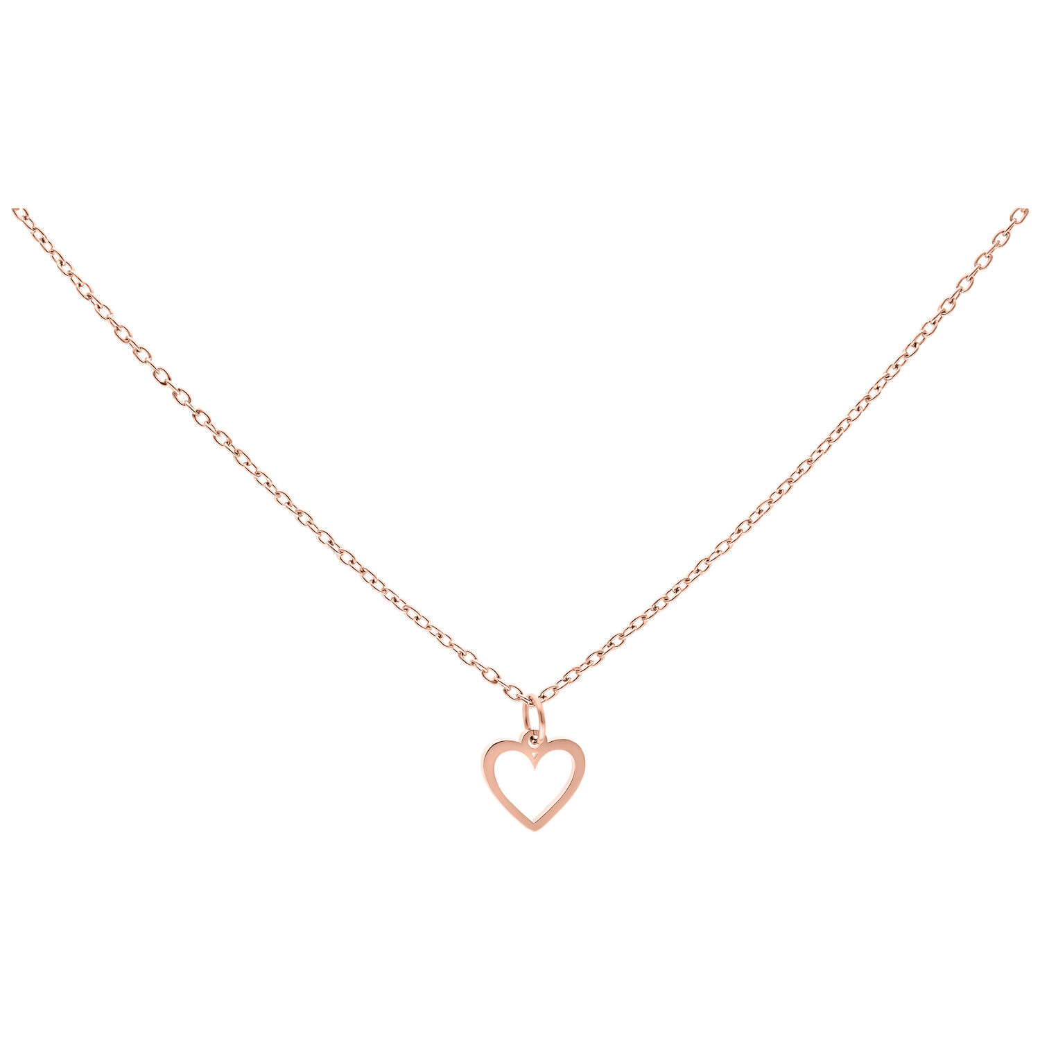 Collier Little Heart en or rose 50 cm Collier en acier chirurgical or rose avec petit pendentif cœur sur fond blanc