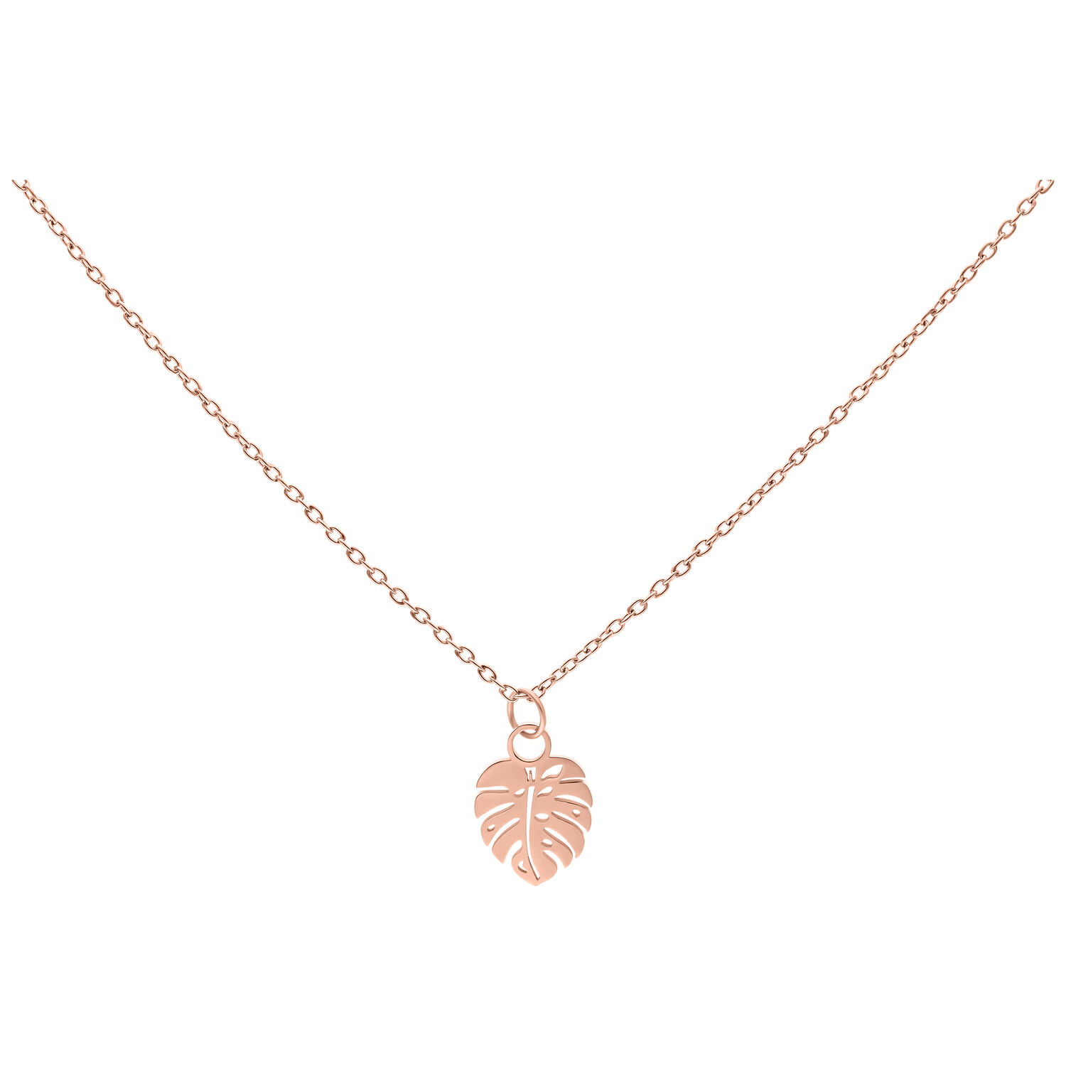 Collier Feuille de Monstera Or Rose 50 cm Collier avec pendentif feuille de Monstera en or rose sur fond blanc