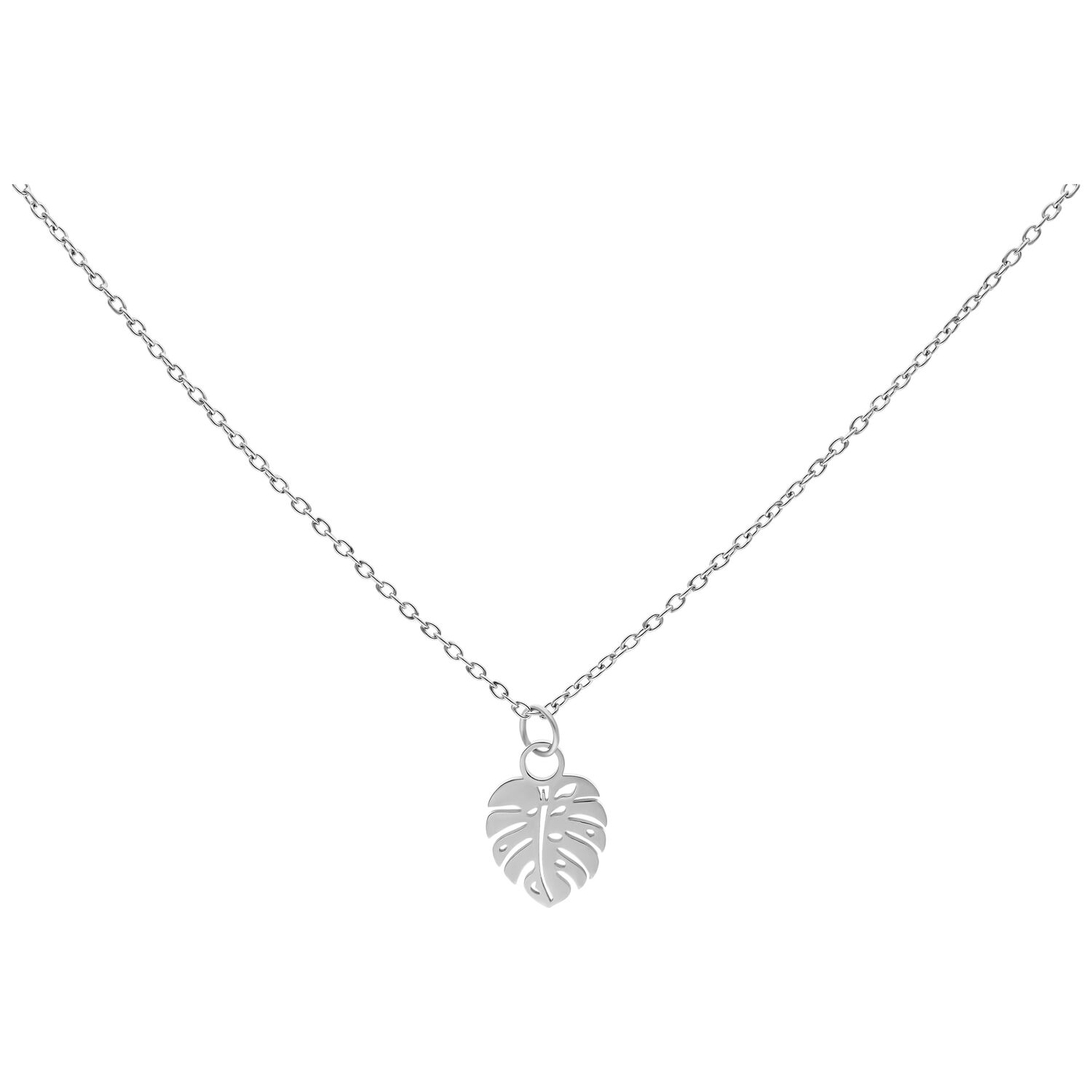 Collier Monstera Leaf en argent 50 cm Collier en argent avec pendentif feuille de Monstera sur fond blanc