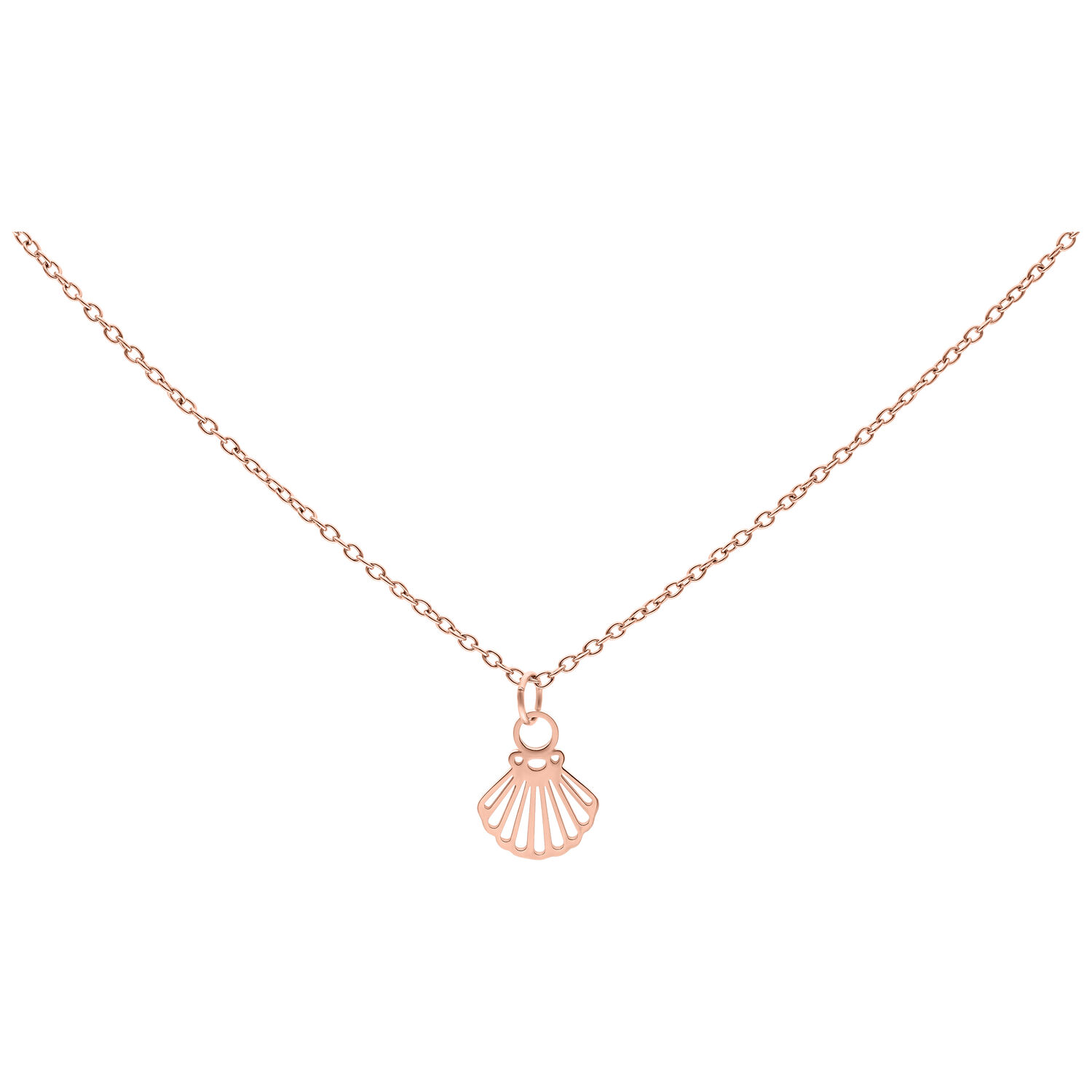 Little Shell collier en or rose, 50 cm Collier en acier chirurgical avec pendentif coquillage en or rose sur fond blanc