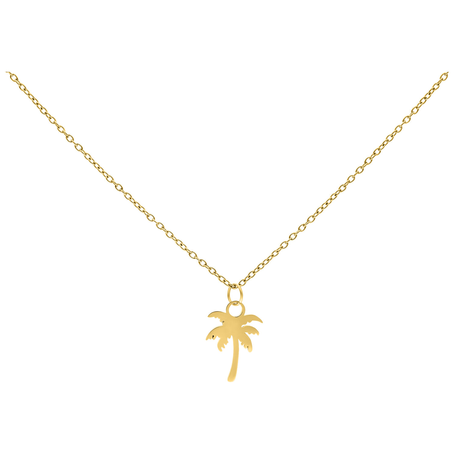 Chaîne Palm dorée en acier chirurgical 50cm Chaîne dorée avec pendentif palmier sur fond blanc, 50 cm de long